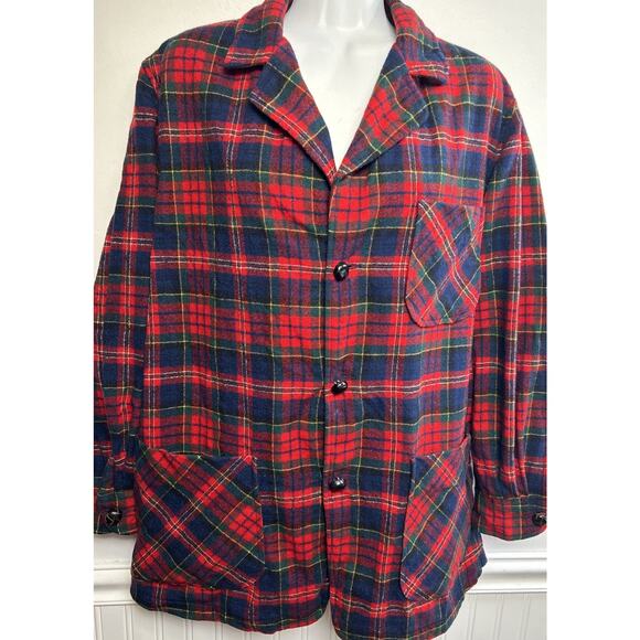Vintage Pendleton S Red Blue Plaid 49er Wool Shirt Jacket Blazer 3 Pocket USA - Picture 1 of 7
